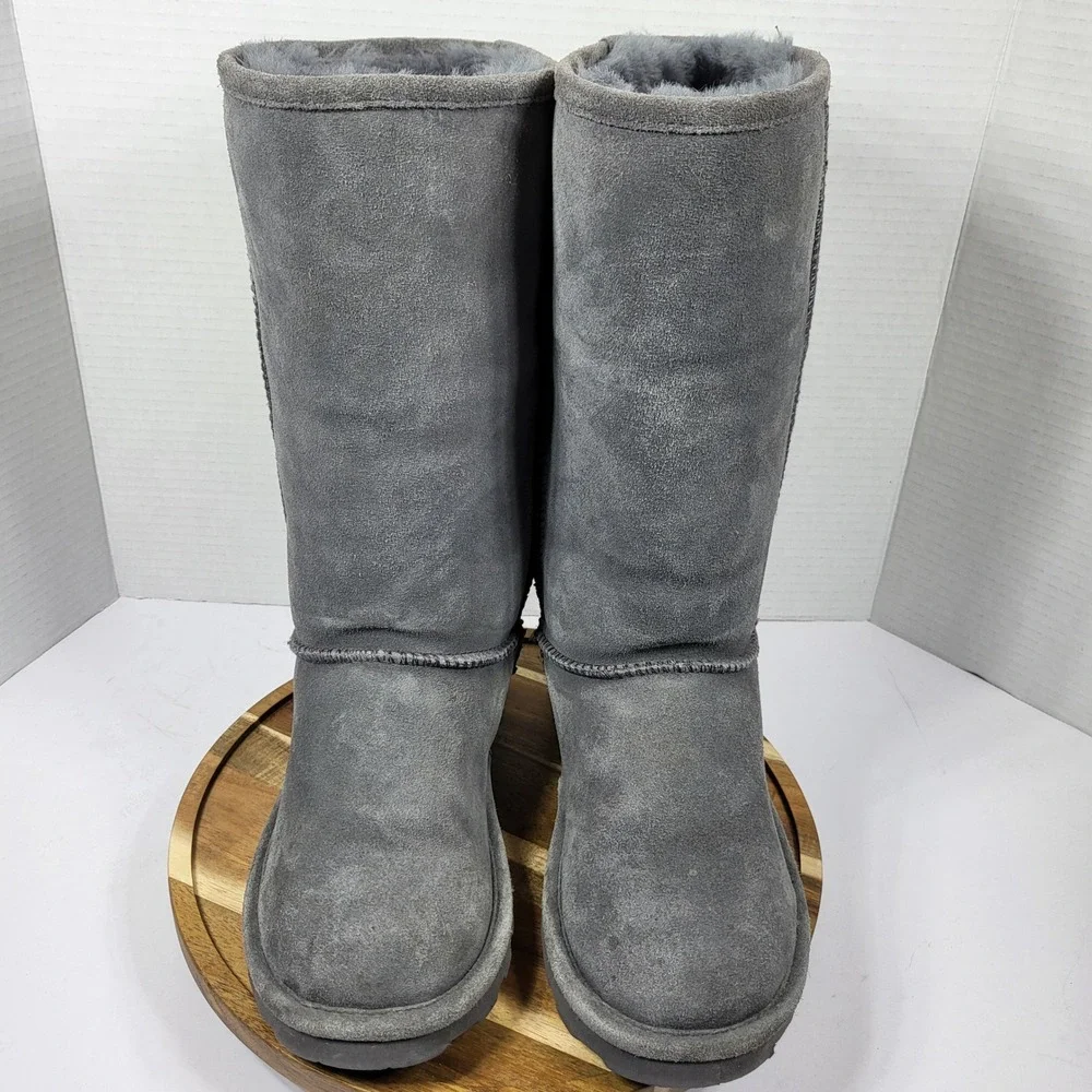 Bearpaw Women's Elle Tall‎ Wide Calf Suede Sheepskin Boots Charcoal Grey Size 8